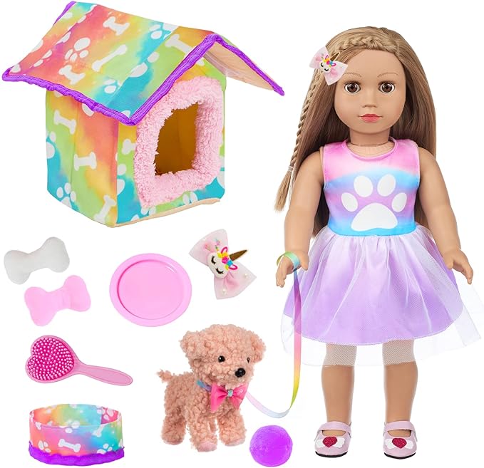DOTVOSY American 18 Inch Doll's Clothes and Accessories Pets Dog Play Sets for 18" Doll Included Dress,Pets Dog,pet Nest, Toy Ball, Hair Comb