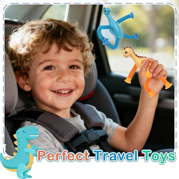 Dinosaur Pop Tubes Fidget Toys, 4 Pack Telescopic Suction Cup Toy for Kids Toddlers, Animal Autism Sensory Toy for Boys Girls, Funny Stocking Stuffers for Boys Girls Christmas Birthday Gift
