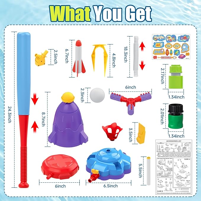 4-in-1 Water Sprinkler Baseball Toy, Water-Spraying Rocket, Water Baseball, Rocket Launch Game, Spinning Water Sprayer Outdoor Summer Toys for Boys Girls Outside Water Game Toys for Kids 3-12
