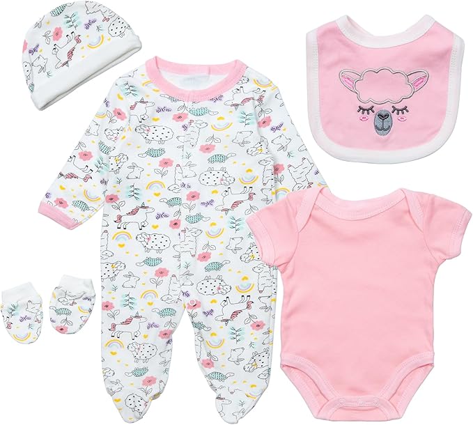 Reborn Baby Dolls Clothes Girl Pink Animal Theme Outfit Accessories 5 Pcs Set for 17-22 Inch Newborn Baby Girl Reborn Dolls Clothes