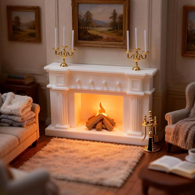 1:12 Scale Miniature Dollhouse Fireplace Set with Animated LED Fire Light, 3-Arm Candelabra & Tools – Realistic Decorative Fireplace for Dollhouse Lovers