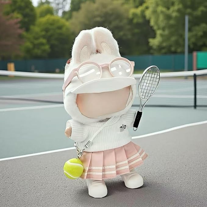 17cm Doll Clothes for Lububu Dolls, 7-Piece Sports Outfits - Top, Pants, Skirt Dress, Golf Hat, Sunglasses, Shoes, Tennis Racket, Ball Charm | Luxury Stylish Gym/Tennis Doll Accessories(White+Pink)