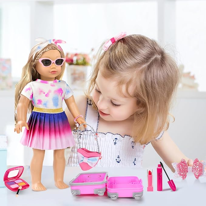 18 Inch Girl Doll Makeup Accessories Set and Clothes, Fit 18 inch Dolls, Suitcase Clothes Bag Hairband Eyeshadow Mascara Brush Lipstick Bracelet Sunglasses Hair Clips (Dolls and Shoes Not Included)