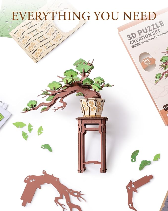 Rowood 3D Wooden Puzzles for Adults,DIY Pine Bonsai Tree Botanical Collection Building Set,Craft Kit Gift for Adults on Christmas Birthday ThanksgivingDay-Evergreen Pine Bonsai