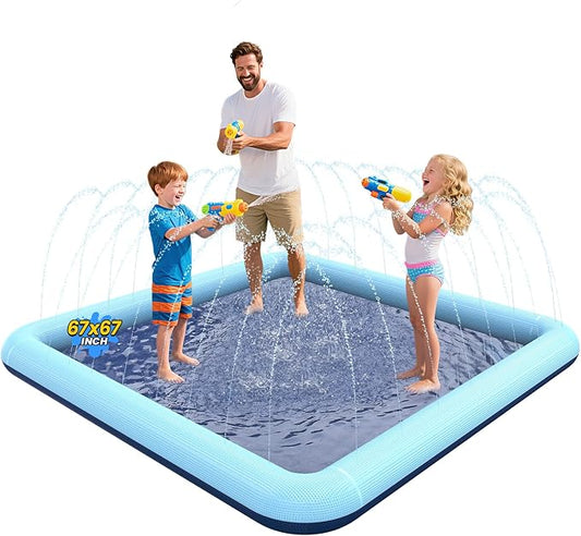 VISTOP Non-Slip Splash Pad for Kids and Dog, Thicken Sprinkler Pool Summer Outdoor Water Toys - Fun Backyard Fountain Play Mat for Baby Girls Boys Children or Pet Dog (67 * 67 inch, Blue&Blue)