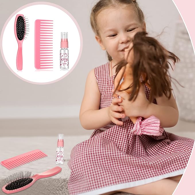 Civaner 3 Pieces Doll Wig Brush Set with Spray Bottle, Comb and Styling Accessories for 18 Inch Dolls(Light Pink)