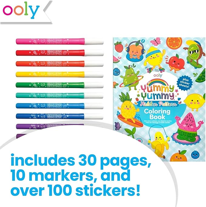 Ooly Yummy Yummy Coloring Kit Includes 10 Lightly Scented Markers, Over 100 Scented Stickers, and 30 Pages of Hidden Pattern Coloring Book, Perfect Airplane Travel Set and Creative Play