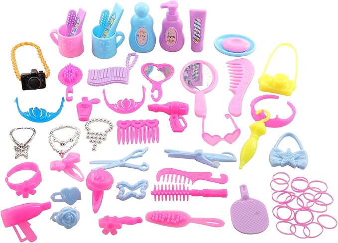 BARWA 43 PCS Doll Accessories Travel Toiletries Clip Bag Crown Necklace Comb Camera Rubber Band for 11.5 inch Doll Xmas Gift…