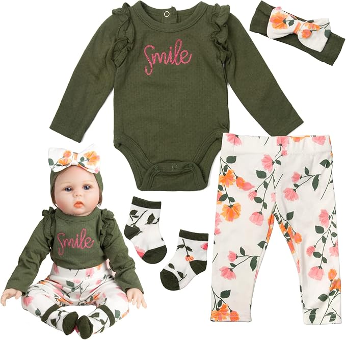 Reborn Baby Doll Clothes Outfit Accessories Army Green 4pcs Set for 17-22 Inch Reborn Doll Newborn Girl
