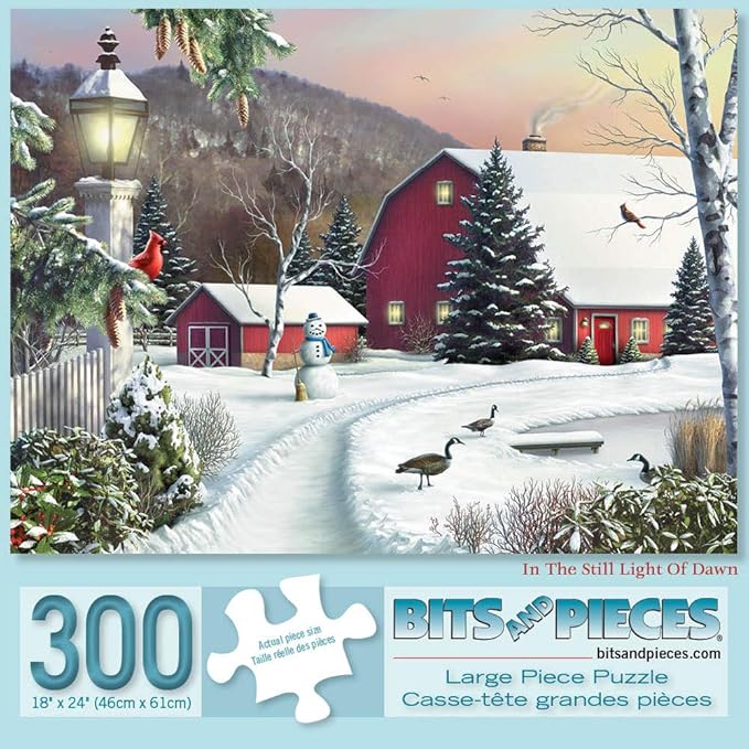 Bits and Pieces – 300 Piece Jigsaw Puzzle for Adults – in The Still Light of Dawn - Snowy Barn with Birds, Winter Landscape - Jigsaw Puzzles by Artist Alan Giana, Completed Puzzle Size: 18" x 24"