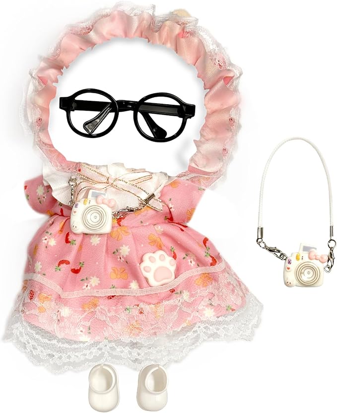 17cm Doll Clothes for Labubu Set - 5-Piece Luxury Designer Outfit with Bow, Glasses, Camera Bag & Shoes | Fashionable Dress-Up Accessories for Dolls (Pink)