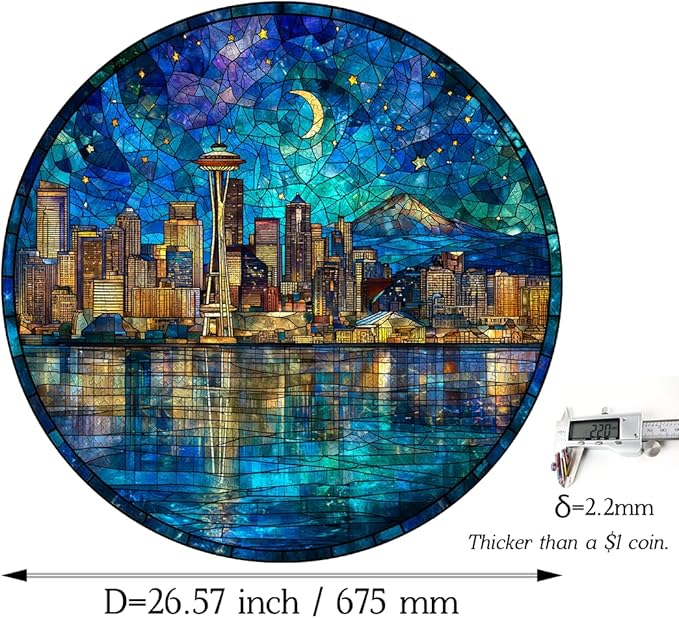 Bgraamiens 1000 Piece Jigsaw Puzzles for Adults – Seattle Skyline at Night – Stained Glass Style Cityscape with Moonlit Reflection – Artistic Urban Gift Challenge