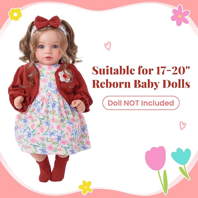 BABESIDE 4 Pcs Reborn Baby Doll Clothes Dress Set for 17-22 Inch Baby Dolls, Floral Dress with Wine Red Cardigan, Bow Headband and Socks, for Realistic and Reborn Babys Doll Clothes and Accessories