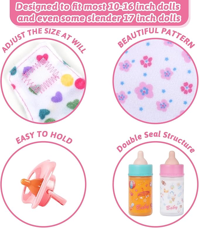 CARANOVO Baby Doll Accessories Set – 7 Pcs Feeding Bottle Toys, Magic Disappearing Milk & Juice, Pretend Play Set with Pacifiers, Reusable Bibs and Diapers, Kids Gift