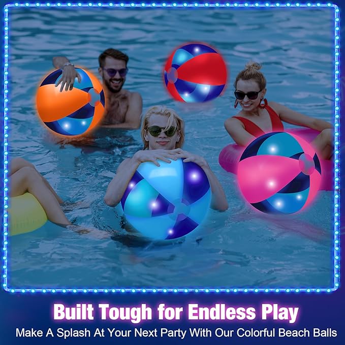 4 Pcs Light up Beach Balls 16'' Jumbo Pool LED Balls Glow in the Dark Neon Giant Inflatable for Summer Hawaiian Tropical Theme Beach Party Decor Water Accessory (Colorful)