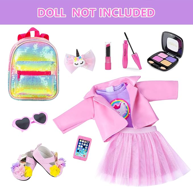 ZNTWEI American 18 Inch Doll Makeup Accessories and Clothes Sunglasses Phone Eye Shadow Lipstick Blusher Hair Clip Backpack Doll Clothes and Shoes Makeup Play Set Gifts ( No Doll )