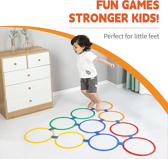 Hopscotch Rings, 1-Set – 10 Round Hoops (11-inch) + 15 Connectors, Agility Rings for Kids, Builds Gross Motor Skills, Preschool & Kindergarten PE, Indoor/Outdoor Playground Obstacle Course