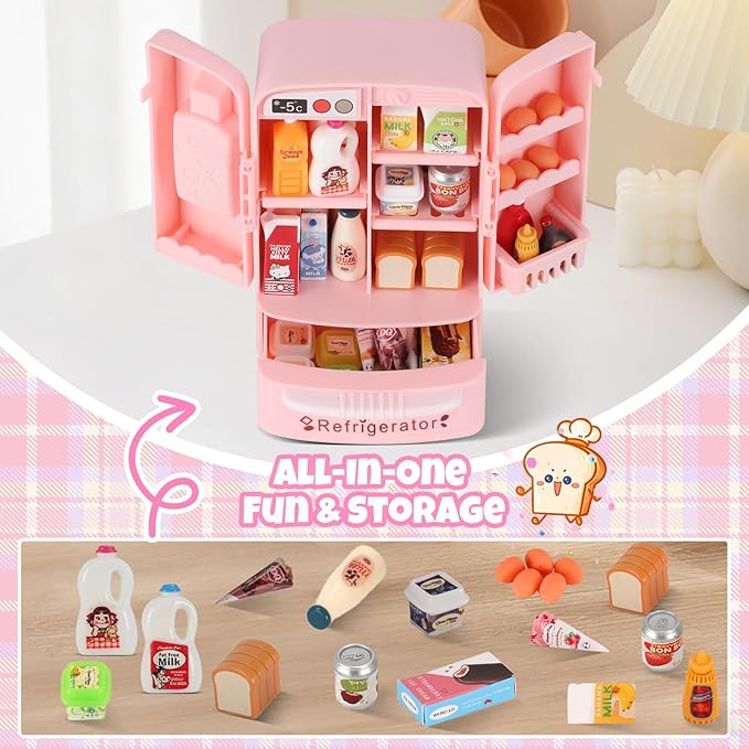 Mini Refrigerator Toy, Fill The Fridge with Ice Cream, Juice & 40+ Mini Food Toys for Dollhouse Accessories & Kitchen Playset. Realistic Refrigerator Play Gift for Kids.