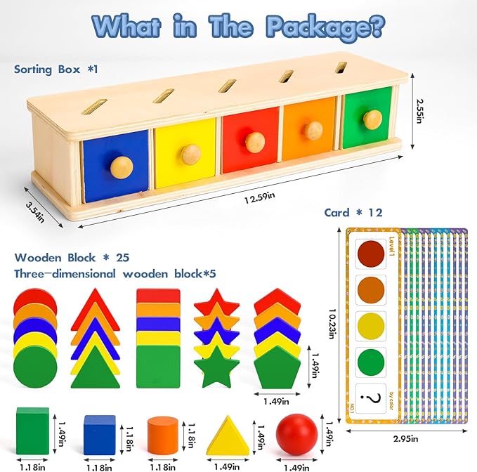 Peacurh Montessori Toys Wooden Color & Shape Sorter Toys for Toddlers 1-3, Matching Box Sorting Blocks Manipulatives Preschool Learning Educational Toy for 1 2 3 4 Year Old Boy Girl Kid Gifts