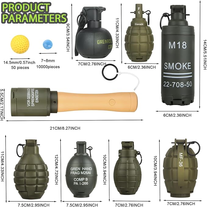 Tactical Toy-Grenade for CS Battle Game,8Pcs Fall Resistant Refillable Fun Impact,Hand Fake Grenade Toy with 100 Foam Ammo for 14+ Outdoor Sport