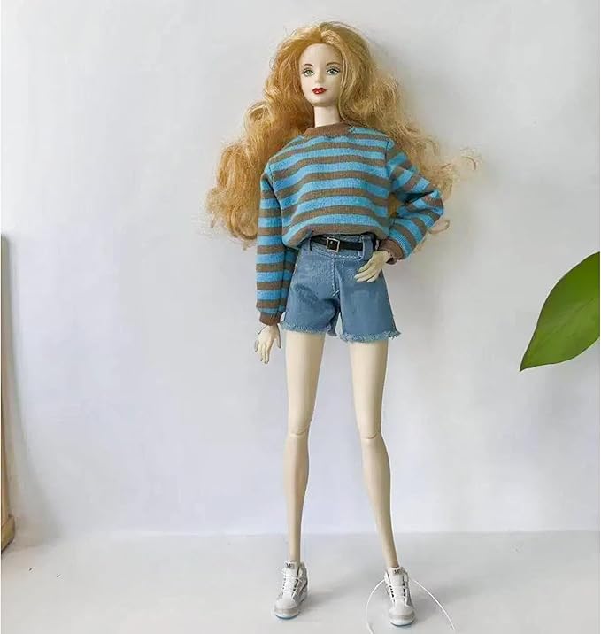Fashion Doll Outfit Set with Blue and Brown Striped Sweatshirt, Shorts, Belt and Sneakers for 11.5-12 Inch Dolls, 1/6 Scale Figure or BJD