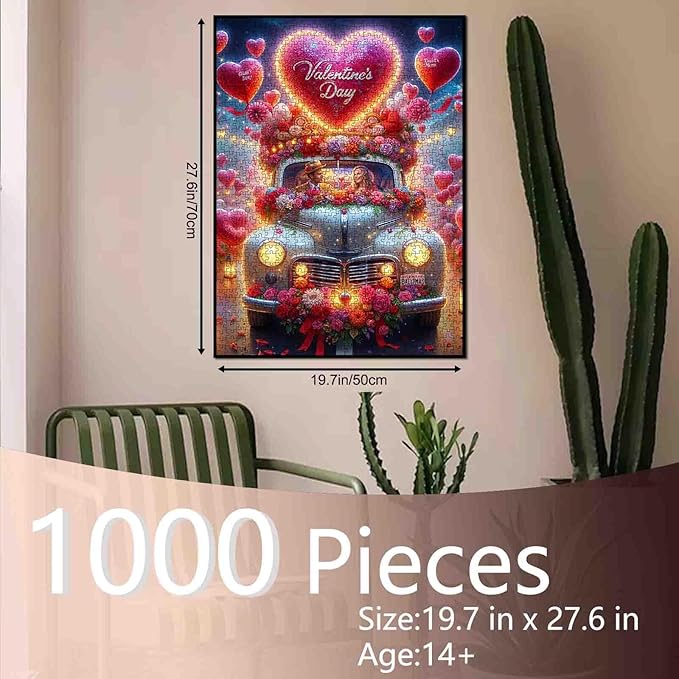 Valentine's Puzzle 1000 Pieces Puzzles for Adults, Heart Balloons Decorate Car Jigsaw Puzzles for Challenging Family Activity Games DIY Puzzle for Home Wall Decor Gifts - 19.7 x 27.6 Inches