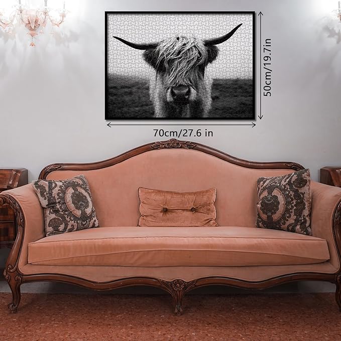 Black White Highland Cow Puzzles for Adults 1000 Pieces,Impossible Hard Difficult Challenging Aesthetic Jigsaw Puzzles, Art Animal Puzzle