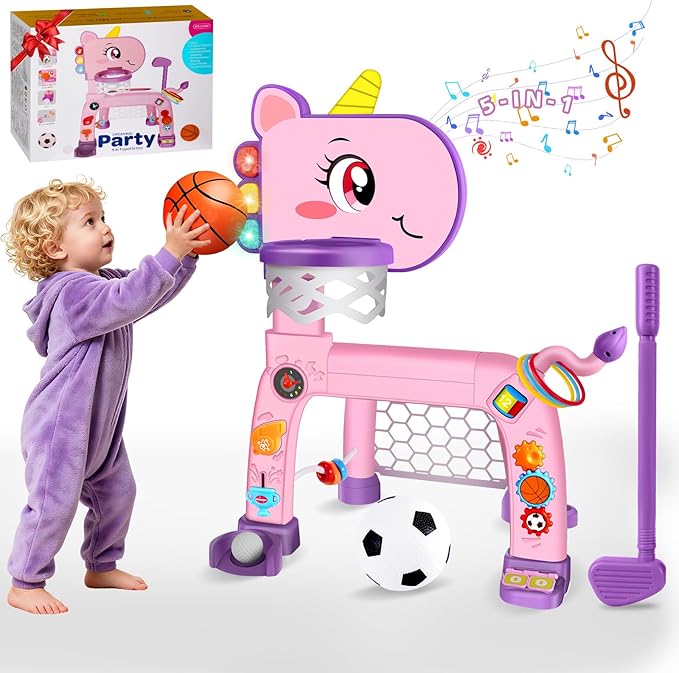 Toddler Basketball Hoop & Soccer Goal: Toys for 1 2 3 Year Old Boys Girls Kids Sports Activity with Light Sound Music Montessori Toys for Baby 12-18 Months | Birthday Gifts for Ages 1-3