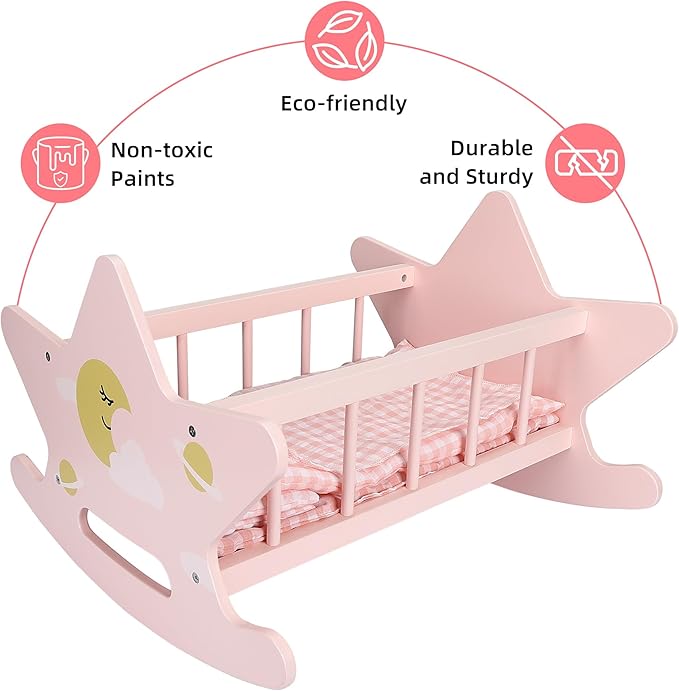 Offelec Wooden Baby Doll Crib Set, Pink Baby Doll Bed Toys, Rocking Baby Doll Cradle Accessories, Play Cradle for Dolls, Doll Furniture Accessories,Gift for Boys Girls Kids, Ages 3+