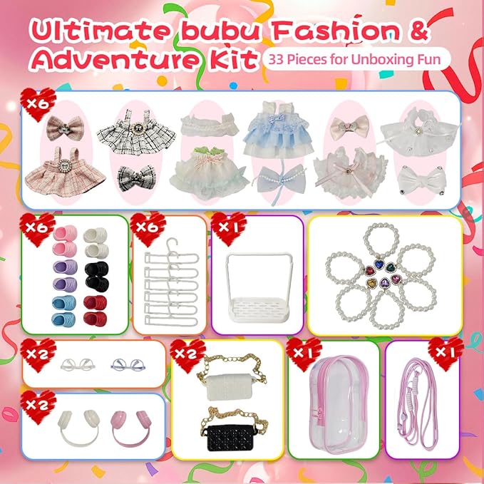 33 Pack Compatible for Labubu Clothes Outfits,Premium Labubu Accessories Case Shoes for 17cm Dolls,Labubu Birthday Party Decoration- Includes 6-Pack Doll Clothes Sets,Camera,Sunglasses