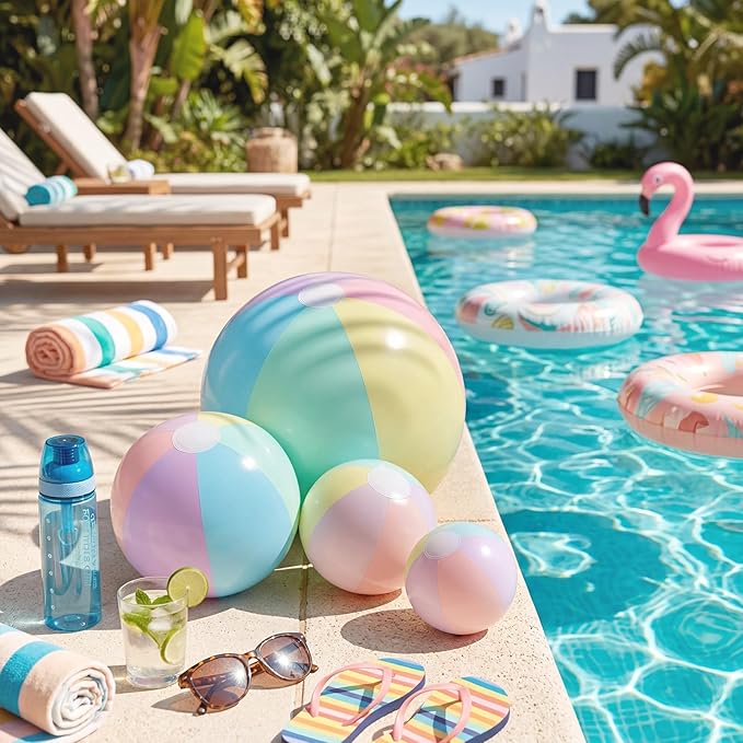 4 Pack Beach Balls in 4 Sizes (24" 16" 12" 8"), Inflatable Pastel Pool Balls for Kids Adults, Summer Beach Party Hawaiian Luau Birthday Party Supplies, Water Toys Gifts(Macarons)