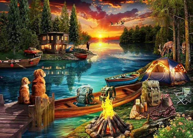 Jigsaw Puzzles for Adults 1000 Pieces, Fishing Village Landscape Difficult Challenging Unique Puzzle for Game Night Family Home Decor, 20x27 Inches, Dusk Lake