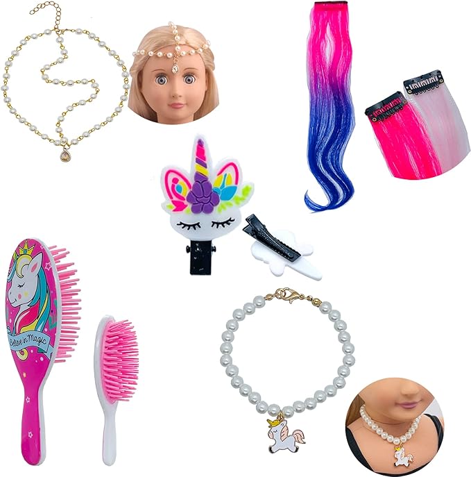 SAIBURAZ 18 inch Doll Hair Accessories for American OG Dolls Hair Brush Rainbown Unicorn Kit Accessories Girl Dolls-Shaped Head Children's Gift（No Doll）