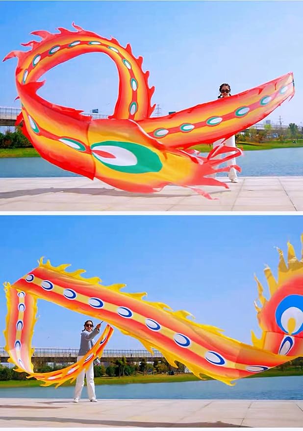 Square Exercise Dance Outdoor Flinging Fitness Dragon POI Wu Long 3D Real-Like Dragon Ribbon Streamer Set (26.2ft, Yellow Phoenix)