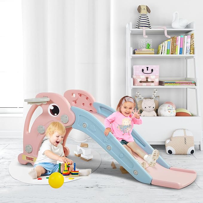 TOBBI Kids Slide for Indoor and Outdoor, Freestanding Slide for Toddler Playground Slipping Slide Climber Toy Playset with Basketball Hoop & Ball, Pink