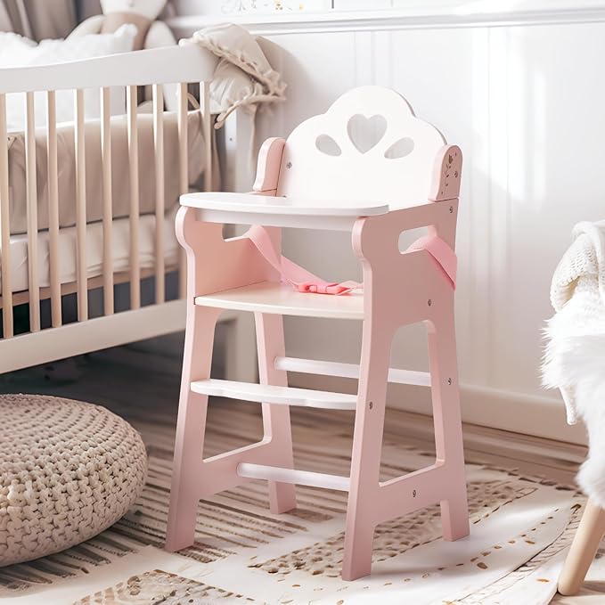 ROBUD Baby Doll High Chair, Pretend Play High Chair with Seat Belt, Pink Wooden Baby Doll Accessories with Movable Tabletop, Fits 18-20 Inch Dolls