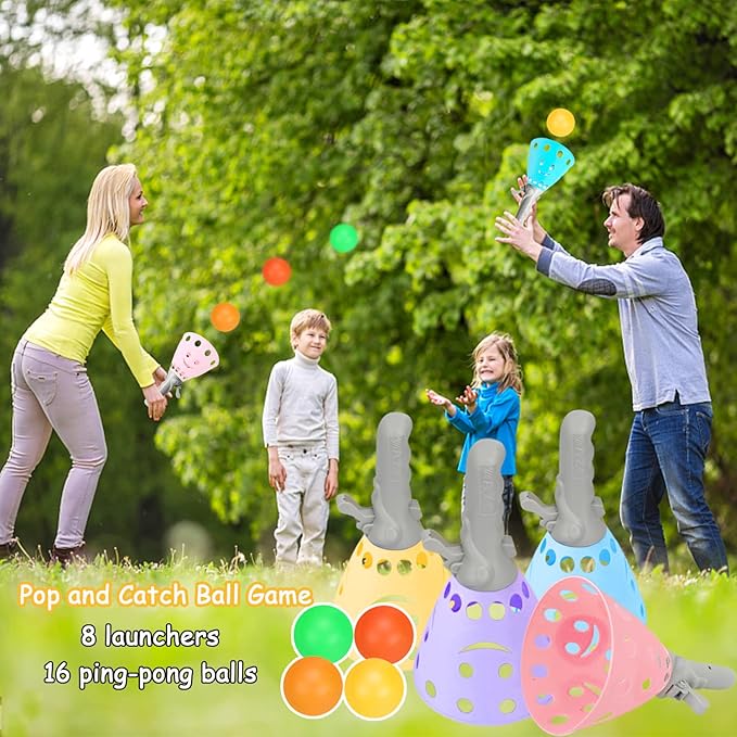 24Pcs Pop-Pass-Catch Ball Game with 8 Catch Launcher Baskets and 16 Balls,Outdoor Indoor Game Activities,Lawn Games Beach Sport Toys for Party Favor,Kids 4 5 6 7 8 9 10+