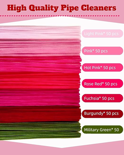 350 Pcs Red & Pink Pipe Cleaners Flower kit with tutoria,Fluffy Yarn,Green Floral Wires,Gardening Tape,Stamen，Pipe Cleaners Craft,Chenille Stems for DIY Art Projects Creative Gift Decor