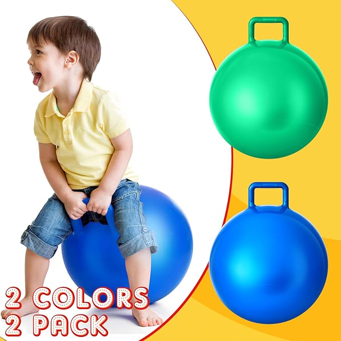 Lewtemi 2 Pcs 18 Inch Big Bouncing Ball with Handle Jumping Hopper Bouncy Ball for Adults Exercise and Air Pump for Outdoor Sports Game(Blue, Green)