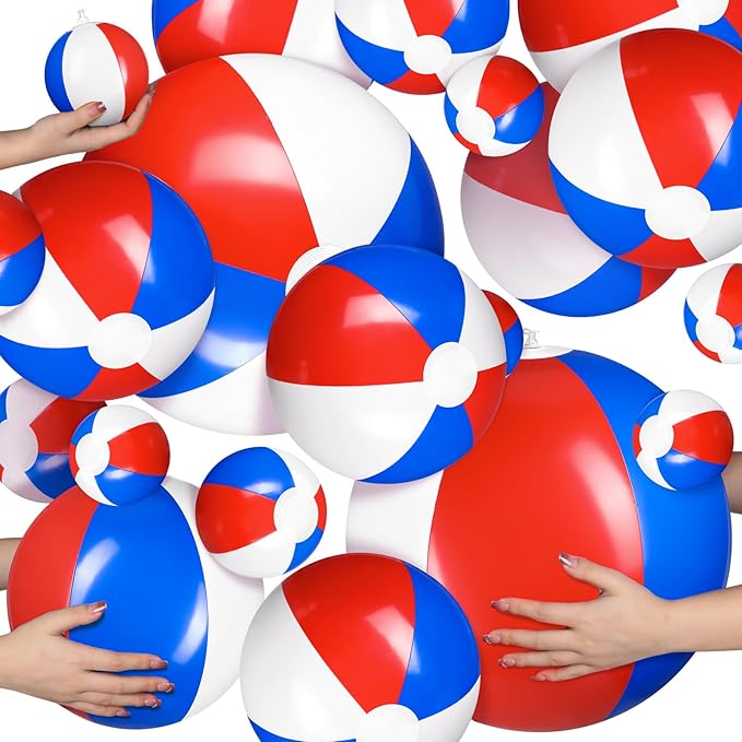 Sratte 20 Pcs Inflatable Beach Balls Bulk, Multiple Sizes Summer Swimming Pool Balls for Adults Hawaii Luau Party Supplies(Red, Blue, White,Classic)