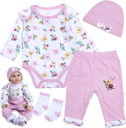 4 Pcs Reborn Baby Doll Clothes 20 Inch Girl Pink Outfit Accessories for 20-22 Inch Reborn Dolls Newborn Baby Flower Clothing Set