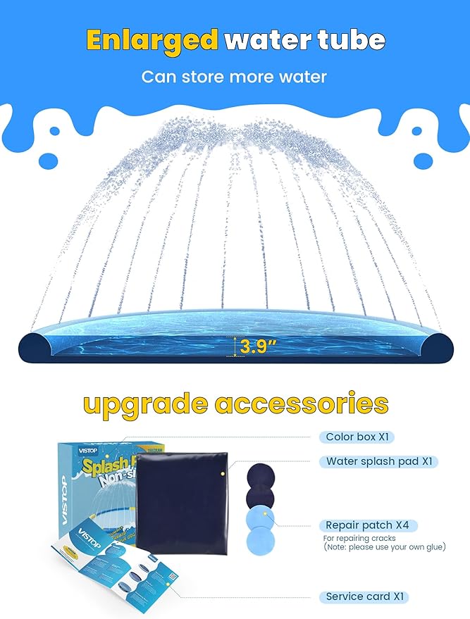 VISTOP Non-Slip Splash Pad for Kids and Dog, Thicken Sprinkler Pool Summer Outdoor Water Toys - Fun Backyard Fountain Play Mat for Baby Girls Boys Children or Pet Dog (127 inch, Blue&Blue)