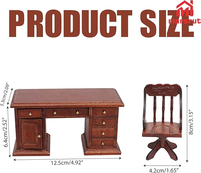 1/12 Scale Wooden Dollhouse Desk and Chair Set, Miniature Office Furniture, Computer Table Accessory, Retro Writing Simulation Doll House Accessories for Photo Props Scene