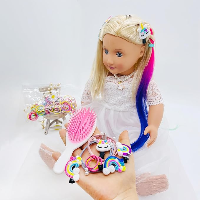 SAIBURAZ 18 inch Doll Hair Accessories for American OG Dolls Hair Brush Rainbown Unicorn Kit Accessories Girl Dolls-Shaped Head Children's Gift（No Doll）