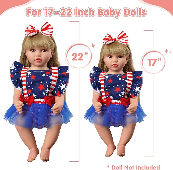 BABESIDE 2 Pcs Reborn Baby Doll Clothes for 17-22 Inch Babydolls, Reborn Doll Dress Accessories with Headband for Realistic Baby Dolls Girls, Stars and Stripes