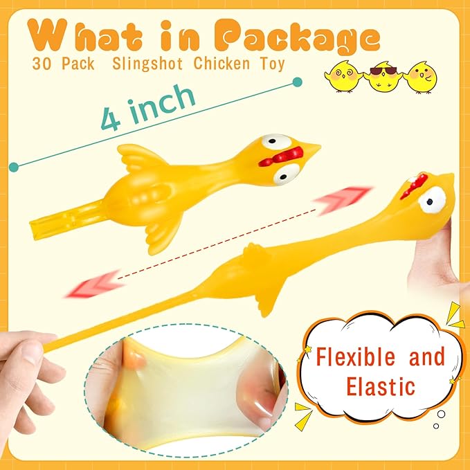 30Pack Finger Slingshot Chicken Rubber,Flick Stretchable Flying Sling Shot Chick Fingers for School Reward Easter Birthday Party Favors White Elephant Gift Exchange