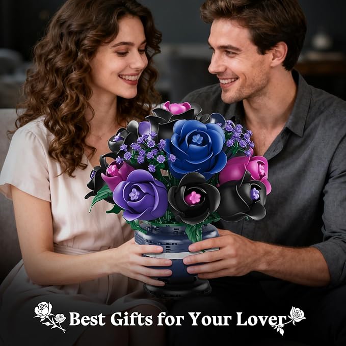 Flowers Botanicals Building Set - Artificial Purple Black Rose Bonsai Plant for Home Decor, 507PCS Artificial Flowers Building Set Indoor Gothic Decoration, Easter Birthday Gifts for Adults