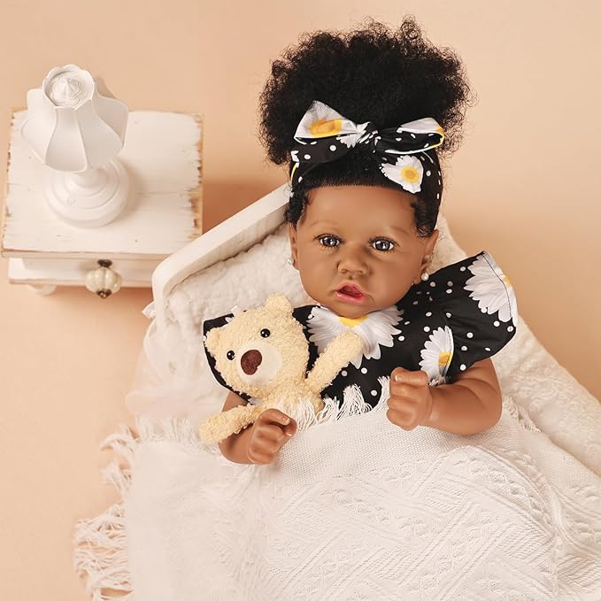 HOOMAI Reborn Baby Black Dolls African American Lifelike Silicone Doll Realistic 22.8 Inch with Cloth Body Birthday Gift Set