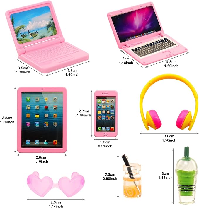 ENOCHT 9 Pack Small Size Laptop Computer Tablet Phone Pad Glasses and Headset Doll Playset Simulation Accessories for 11.5 Inch Doll (Pink)