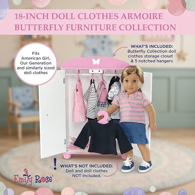 Emily Rose 18 Inch Doll Closed Door Clothes and Accessories Closet – Butterfly Furniture Collection – Fits 18” Dolls Like American Girl Our Generation Adora My Life As – Includes 5 Hangers – USA Brand